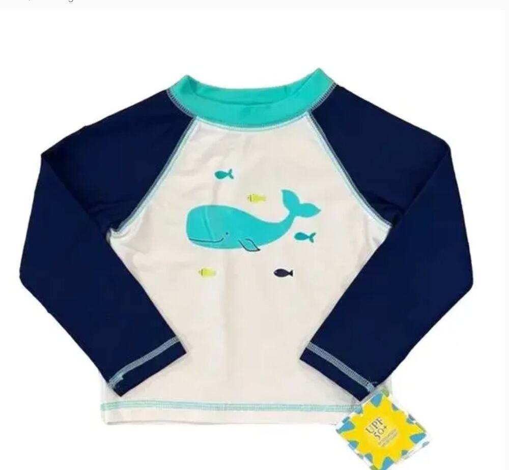 NWT Little Me White & Navy W/Turquoise Whale Graphic Swim/Rashguard